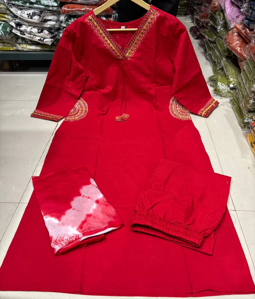 Premium Embroidered Cotton Straight Kurta Set with Tie-Dye Dupatta