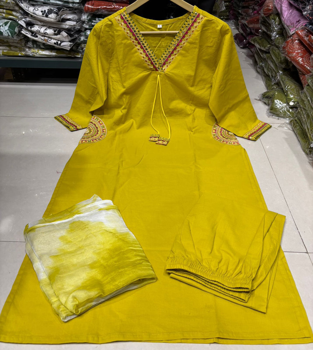 Premium Embroidered Cotton Straight Kurta Set with Tie-Dye Dupatta