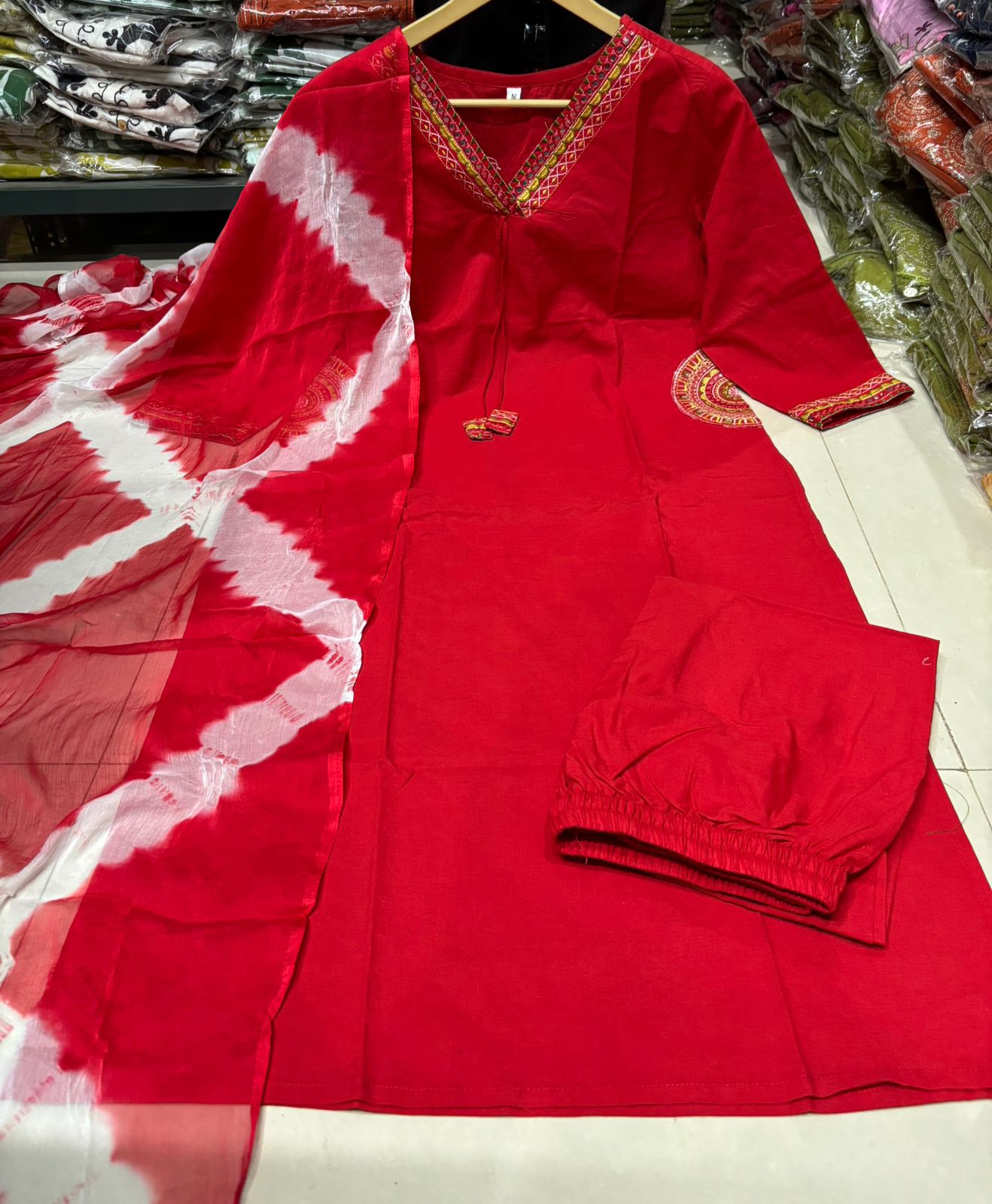 Premium Embroidered Cotton Straight Kurta Set with Tie-Dye Dupatta