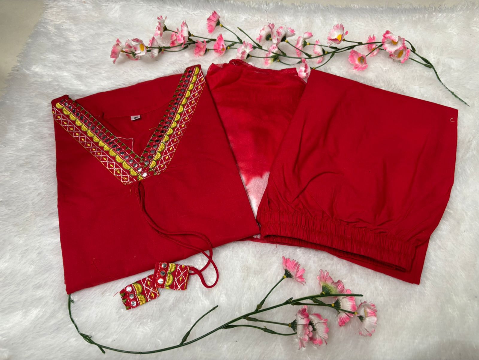 Premium Embroidered Cotton Straight Kurta Set with Tie-Dye Dupatta
