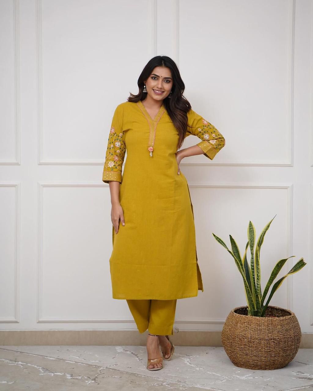 Premium Embroidered Cotton Kurta Set with Kodi Tassels