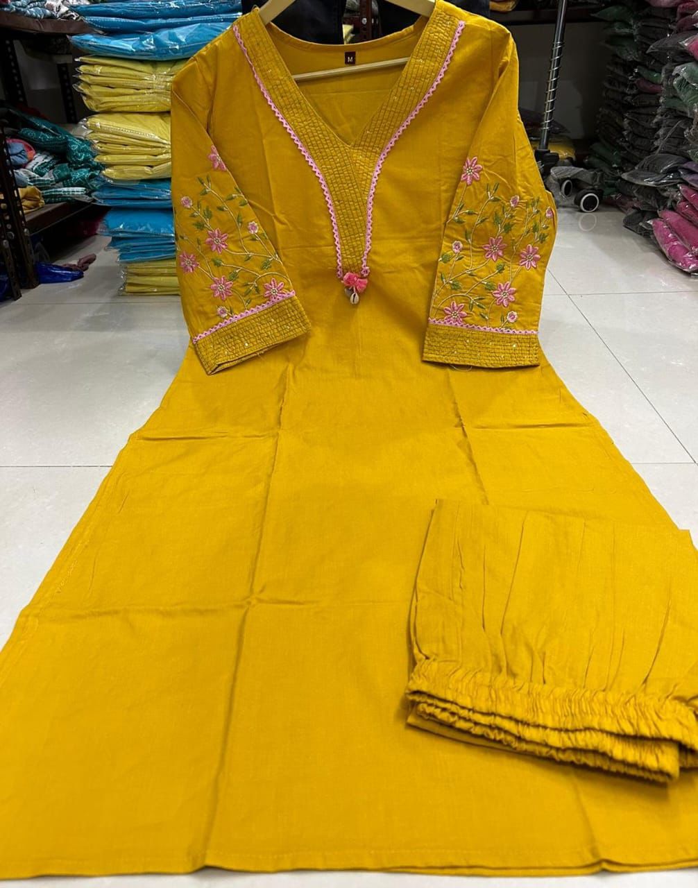 Premium Embroidered Cotton Kurta Set with Kodi Tassels