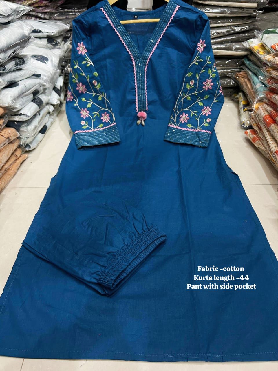 Premium Embroidered Cotton Kurta Set with Kodi Tassels