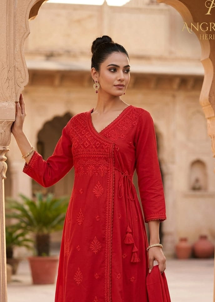 Trending Kedia Style Lakhnawi Work 3 piece kurti Set