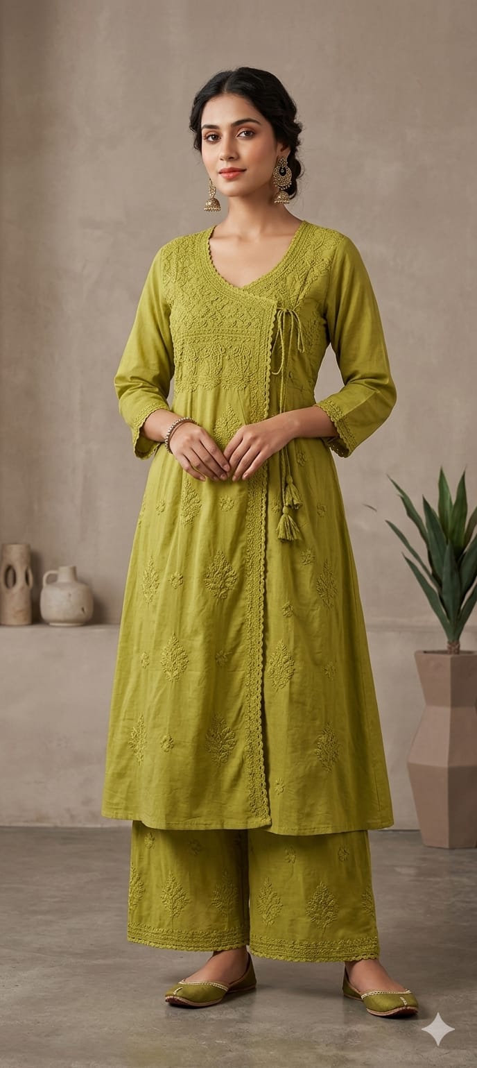 Trending Kedia Style Lakhnawi Work 3 piece kurti Set