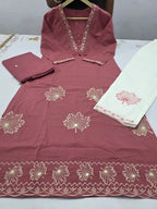 Pure Cotton Embroidered A-Line Suit Set with Malmal Dupatta