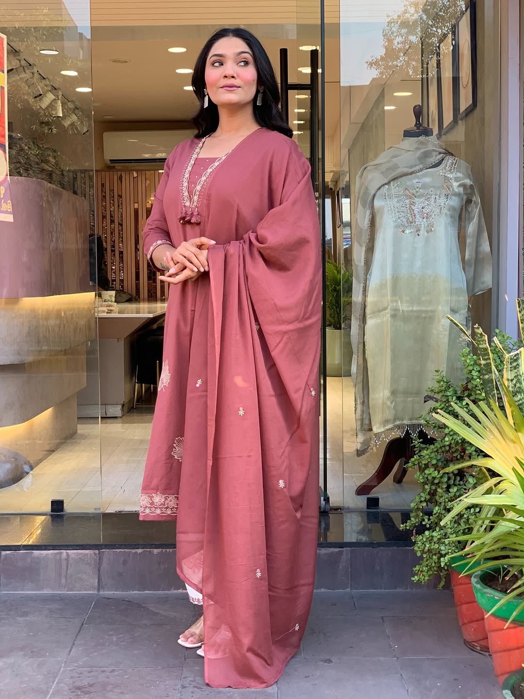 Pure Cotton Embroidered A-Line Suit Set with Malmal Dupatta