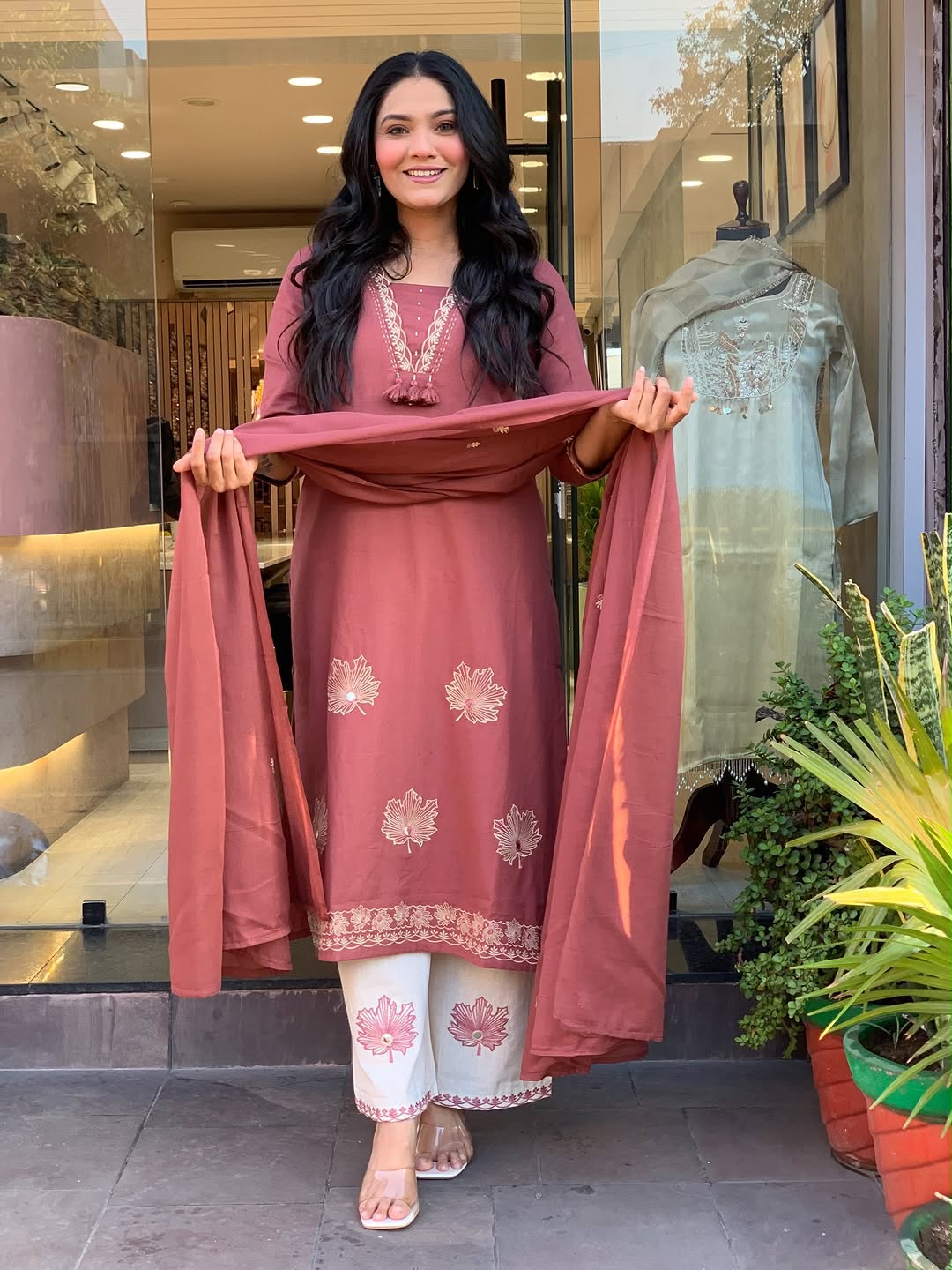 Pure Cotton Embroidered A-Line Suit Set with Malmal Dupatta