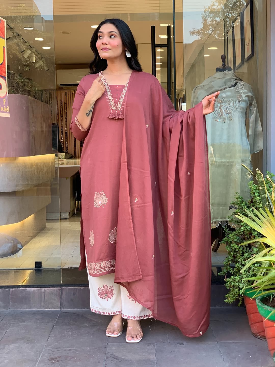 Pure Cotton Embroidered A-Line Suit Set with Malmal Dupatta