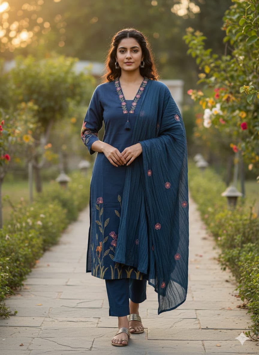 Premium Heavy Cotton Embroidered Kurti Set with Dupatta