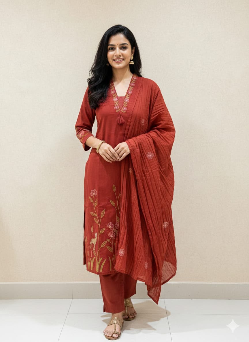 Premium Heavy Cotton Embroidered Kurti Set with Dupatta