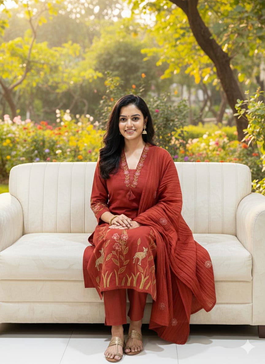 Premium Heavy Cotton Embroidered Kurti Set with Dupatta