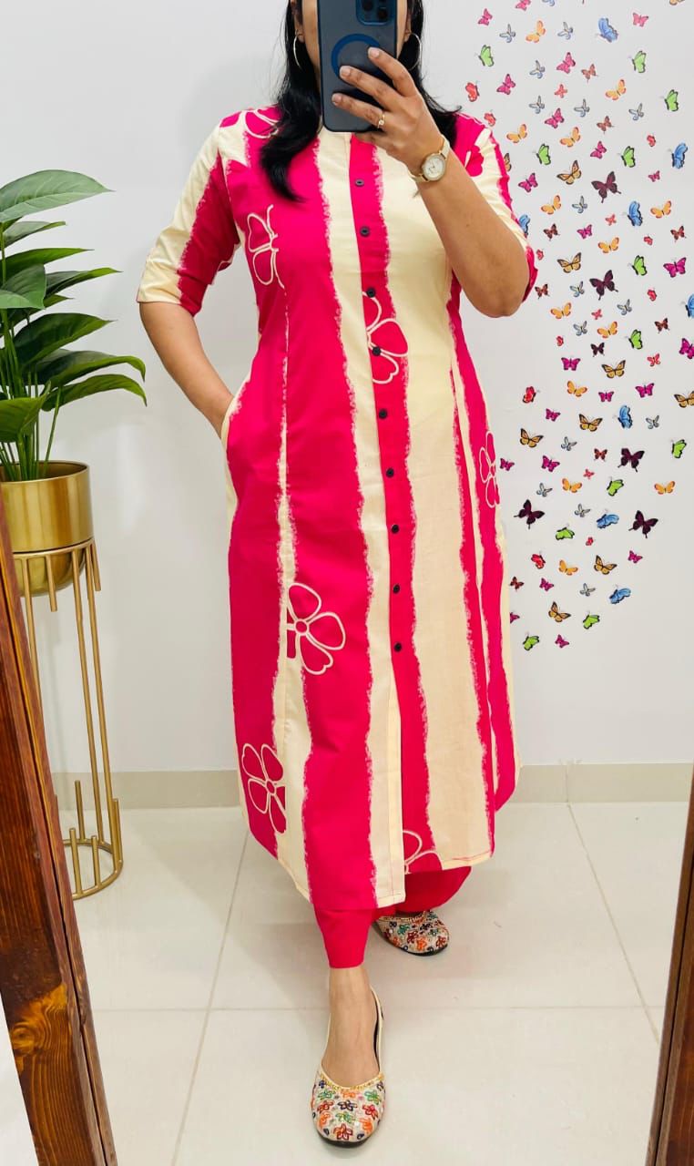 Premium Floral Fine Cotton A-Line Co-ord Set (Kurti with Palazzo/Pant)
