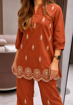 Elegance in Hand-Block: Cotton Hand-Embroidered Co-Ord Set