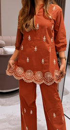 Elegance in Hand-Block: Cotton Hand-Embroidered Co-Ord Set