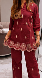 Elegance in Hand-Block: Cotton Hand-Embroidered Co-Ord Set