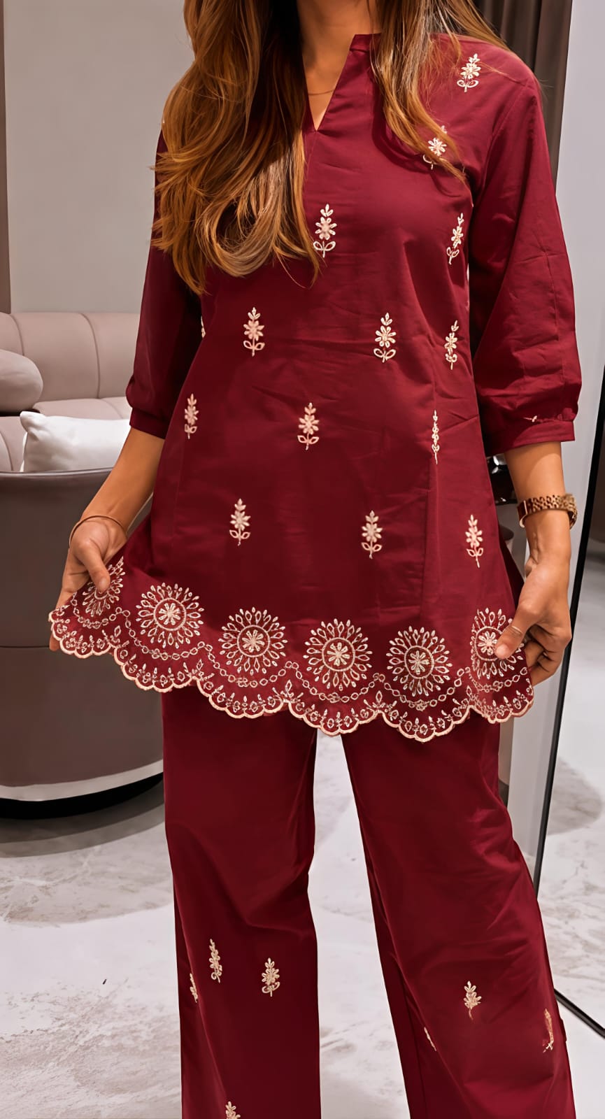 Elegance in Hand-Block: Cotton Hand-Embroidered Co-Ord Set