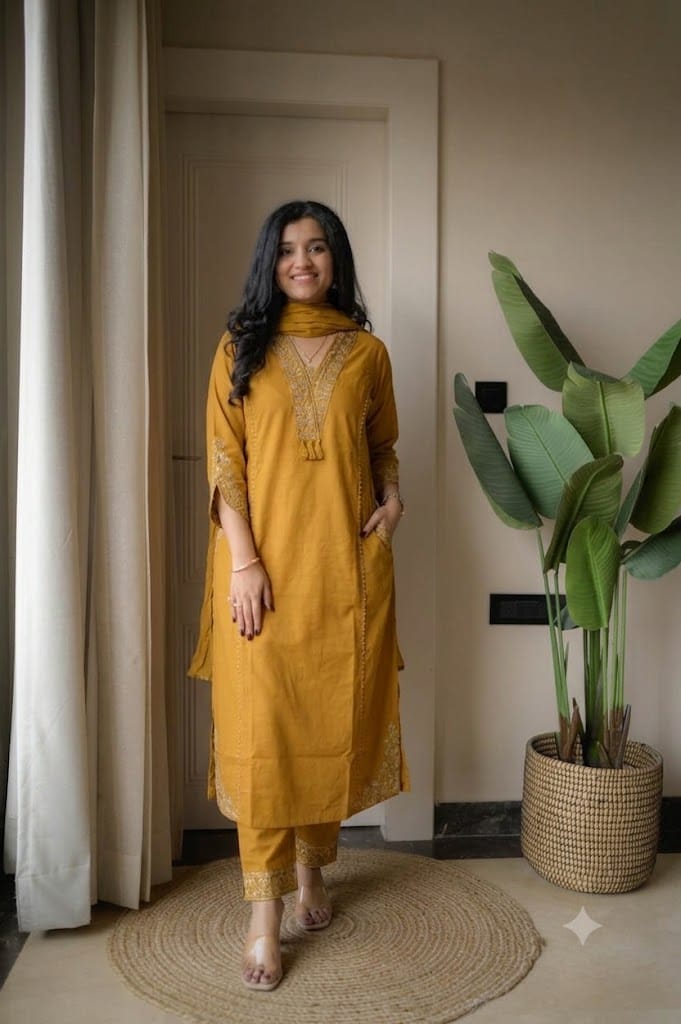 Pure Cotton Embroidered A-Line Kurta Set with Malmal Dupatta & Pants (3-Piece Set)