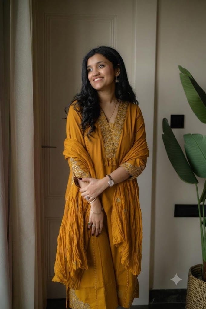 Pure Cotton Embroidered A-Line Kurta Set with Malmal Dupatta & Pants (3-Piece Set)
