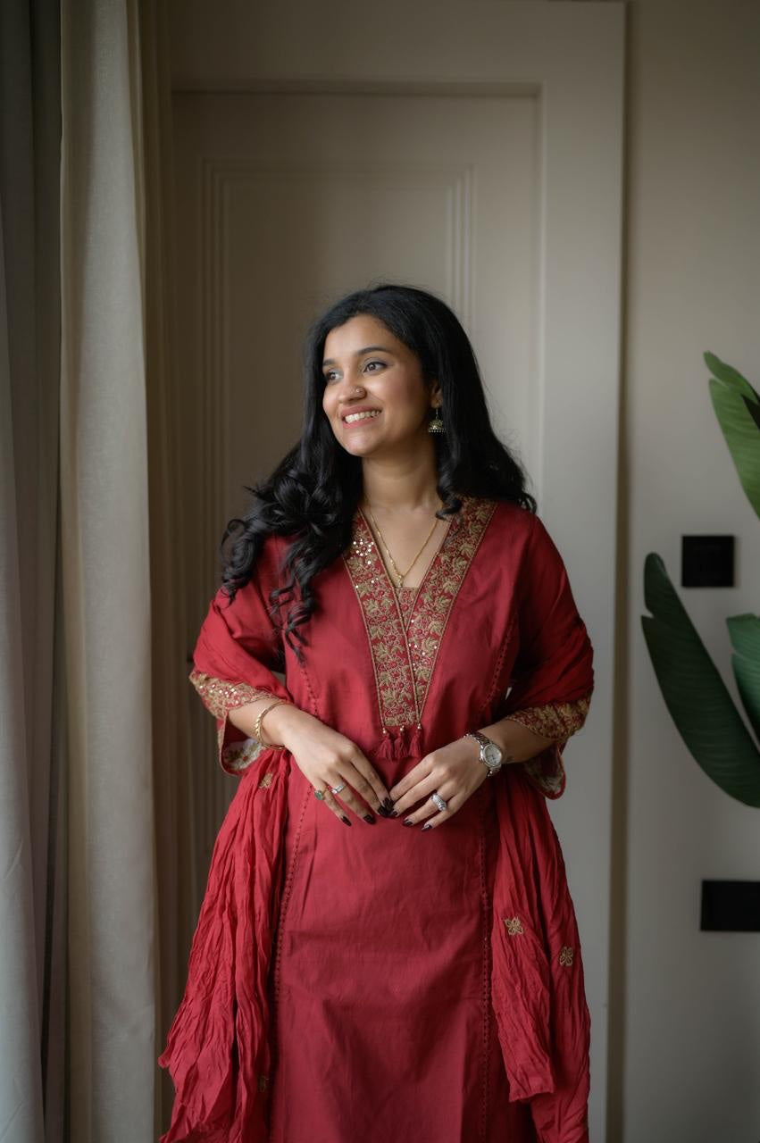 Pure Cotton Embroidered A-Line Kurta Set with Malmal Dupatta & Pants (3-Piece Set)