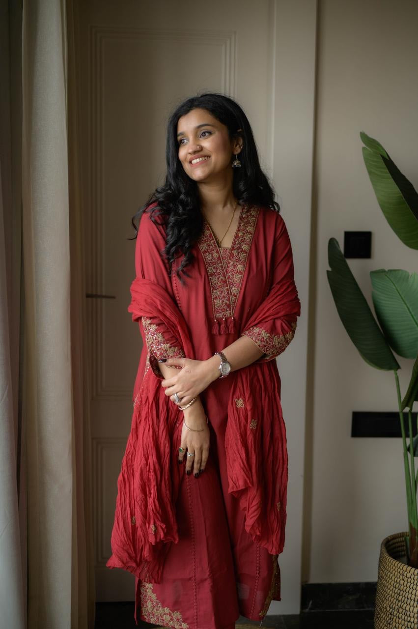 Pure Cotton Embroidered A-Line Kurta Set with Malmal Dupatta & Pants (3-Piece Set)