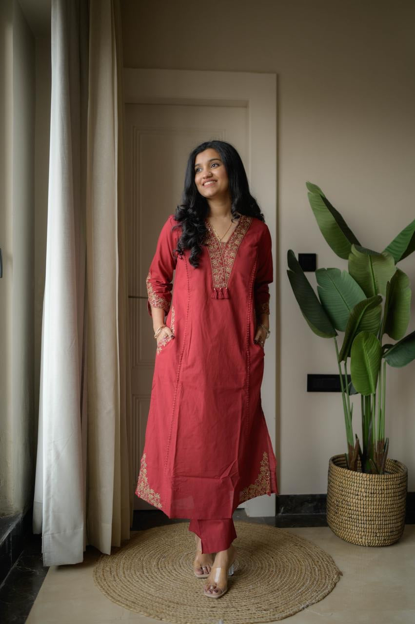 Pure Cotton Embroidered A-Line Kurta Set with Malmal Dupatta & Pants (3-Piece Set)