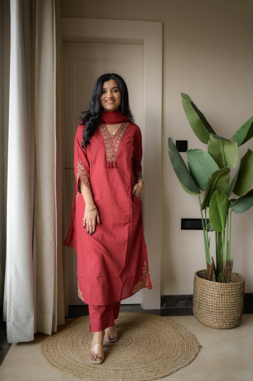 Pure Cotton Embroidered A-Line Kurta Set with Malmal Dupatta & Pants (3-Piece Set)