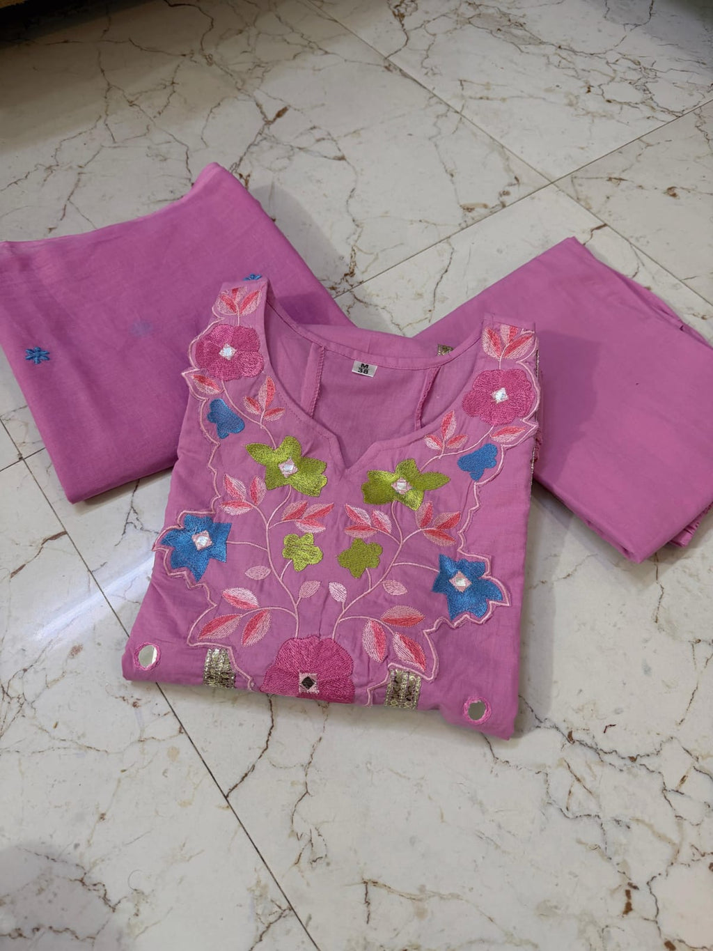 Festive Floral Embroidered Kalidar Cotton Kurti Set with Flare Palazzo & Dupatta