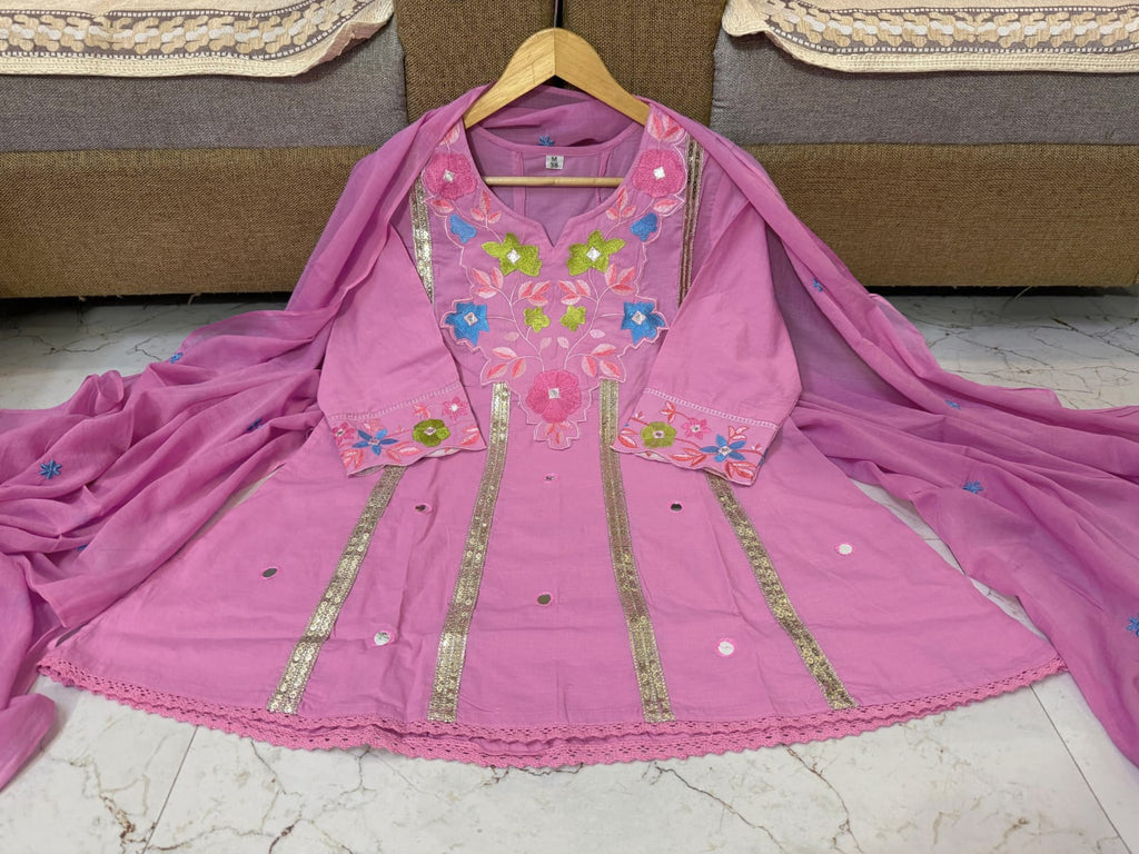 Festive Floral Embroidered Kalidar Cotton Kurti Set with Flare Palazzo & Dupatta