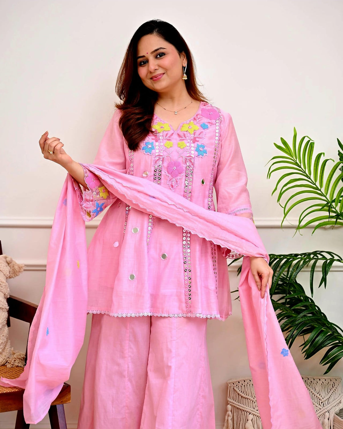 Festive Floral Embroidered Kalidar Cotton Kurti Set with Flare Palazzo & Dupatta