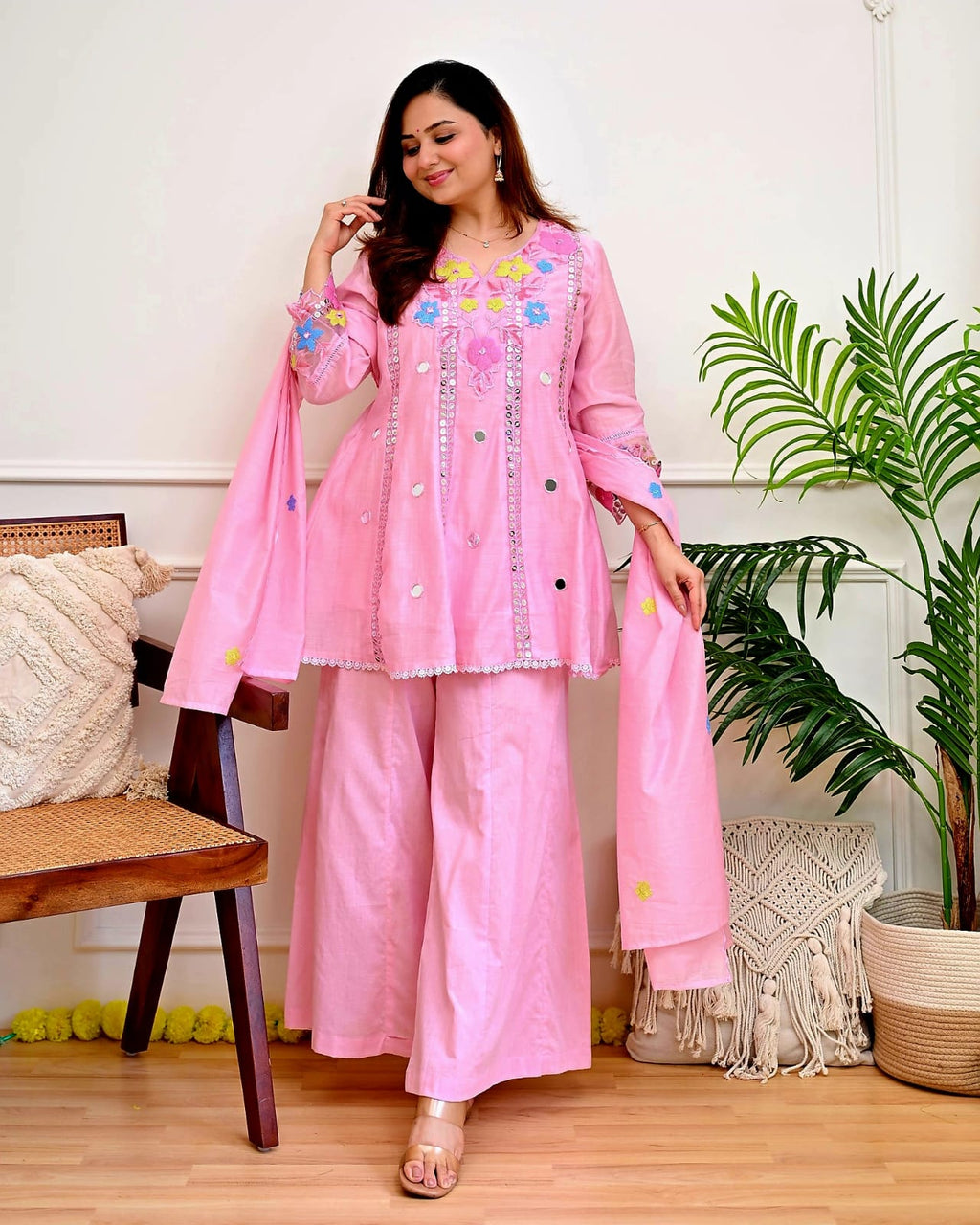 Festive Floral Embroidered Kalidar Cotton Kurti Set with Flare Palazzo & Dupatta
