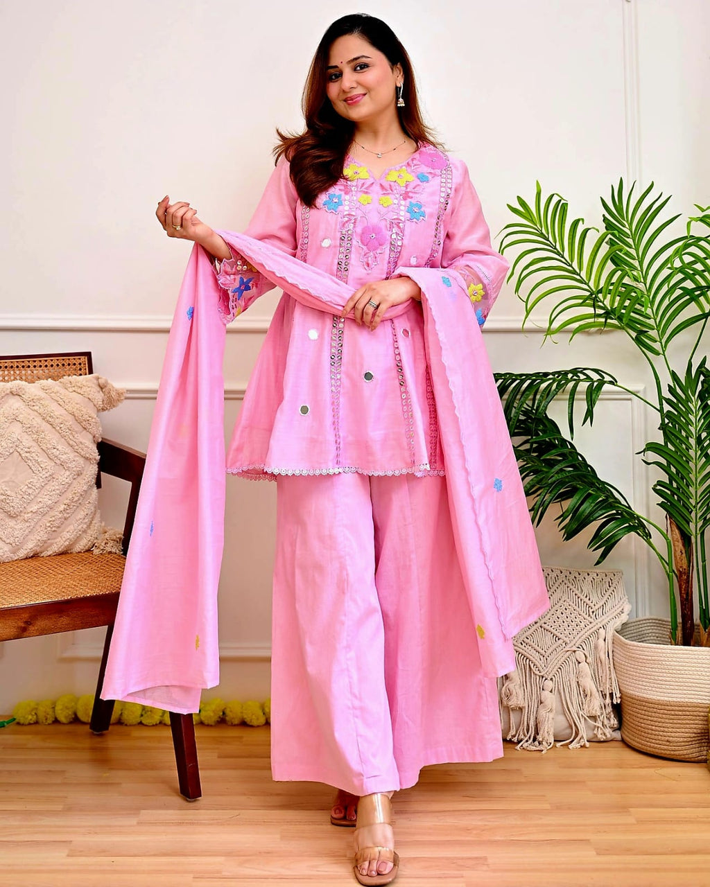Festive Floral Embroidered Kalidar Cotton Kurti Set with Flare Palazzo & Dupatta