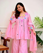Festive Floral Embroidered Kalidar Cotton Kurti Set with Flare Palazzo & Dupatta