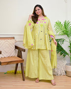 Festive Floral Embroidered Kalidar Cotton Kurti Set with Flare Palazzo & Dupatta
