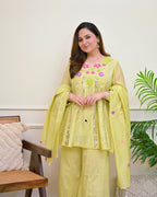 Festive Floral Embroidered Kalidar Cotton Kurti Set with Flare Palazzo & Dupatta
