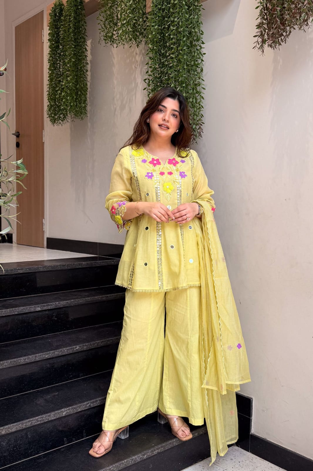 Festive Floral Embroidered Kalidar Cotton Kurti Set with Flare Palazzo & Dupatta