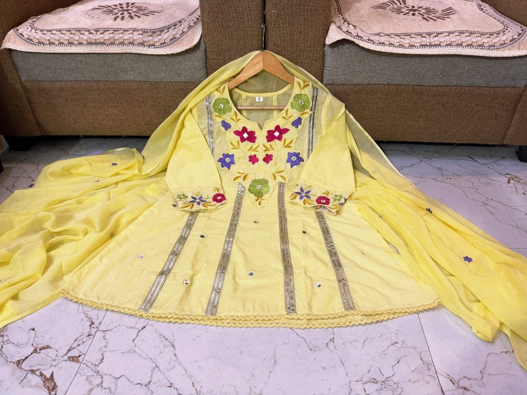 Festive Floral Embroidered Kalidar Cotton Kurti Set with Flare Palazzo & Dupatta