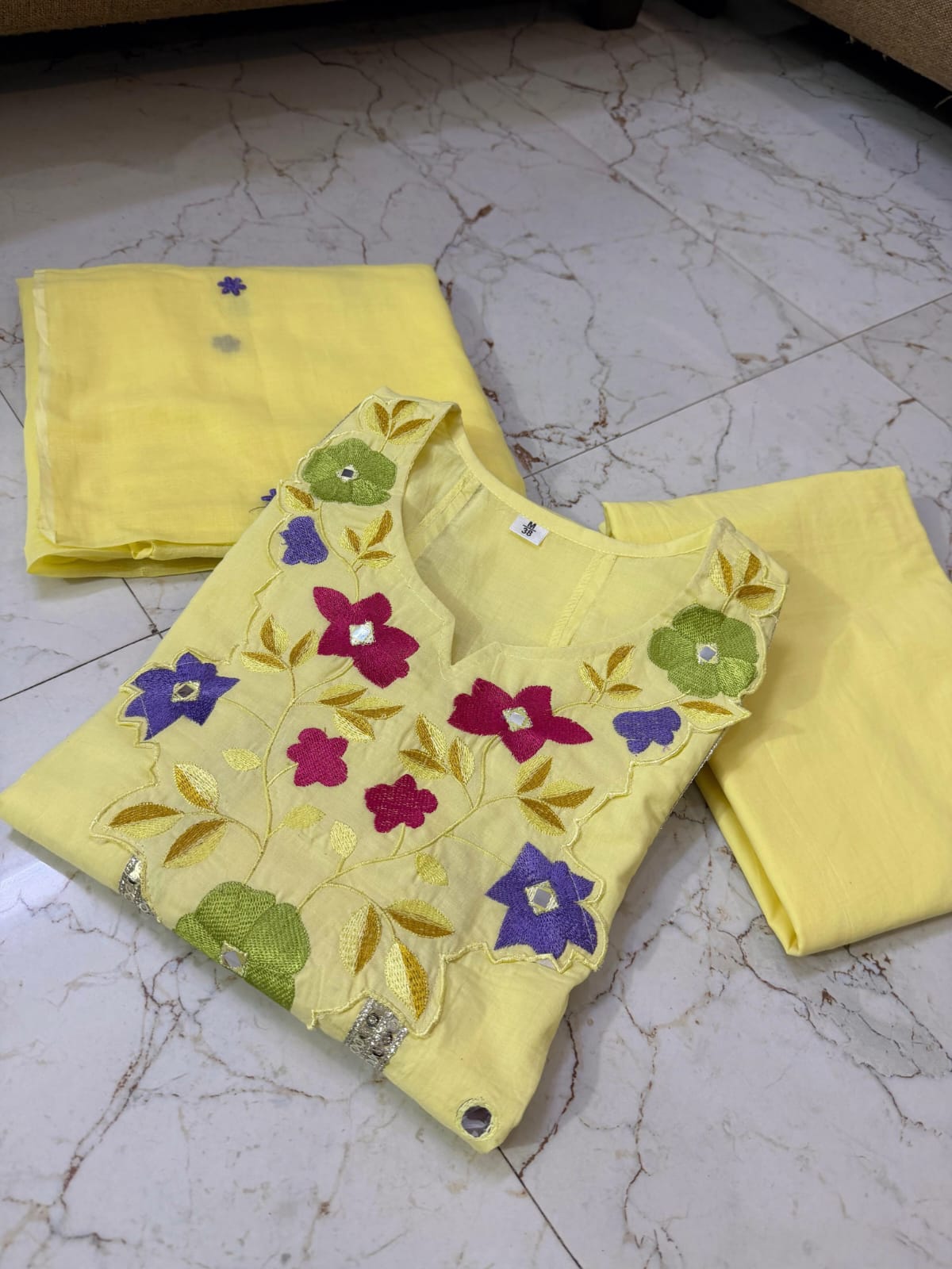 Festive Floral Embroidered Kalidar Cotton Kurti Set with Flare Palazzo & Dupatta