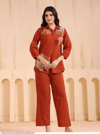 Elegant Pure Cotton Embroidered Co-ord Set with Collared Neck (2-Piece Set)