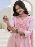 Exquisite Floral Aari Work Kurta Pant Set with Mul Cotton Dupatta