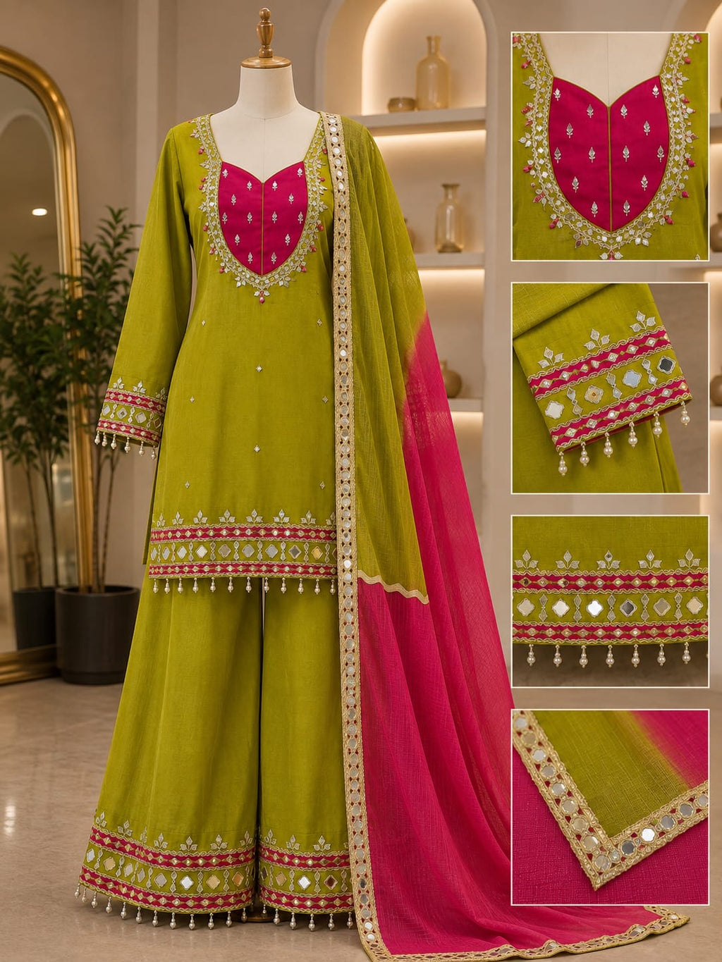 VEYONAS Fashion 3-Piece Ready-to-Wear Party Wear Ensemble (Mirror Work Top, Palazzo & Kota Checks Dupatta)