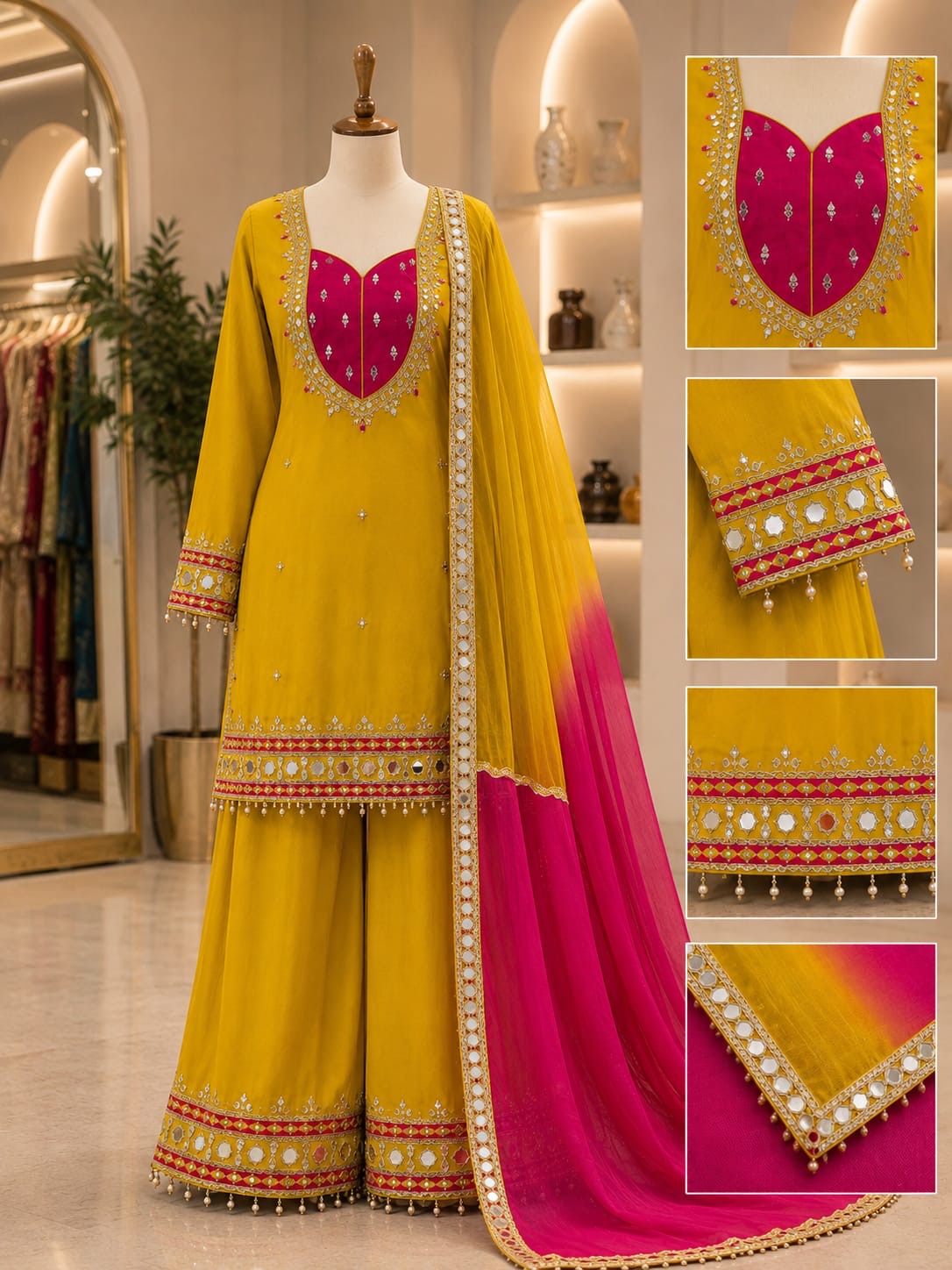 VEYONAS Fashion 3-Piece Ready-to-Wear Party Wear Ensemble (Mirror Work Top, Palazzo & Kota Checks Dupatta)