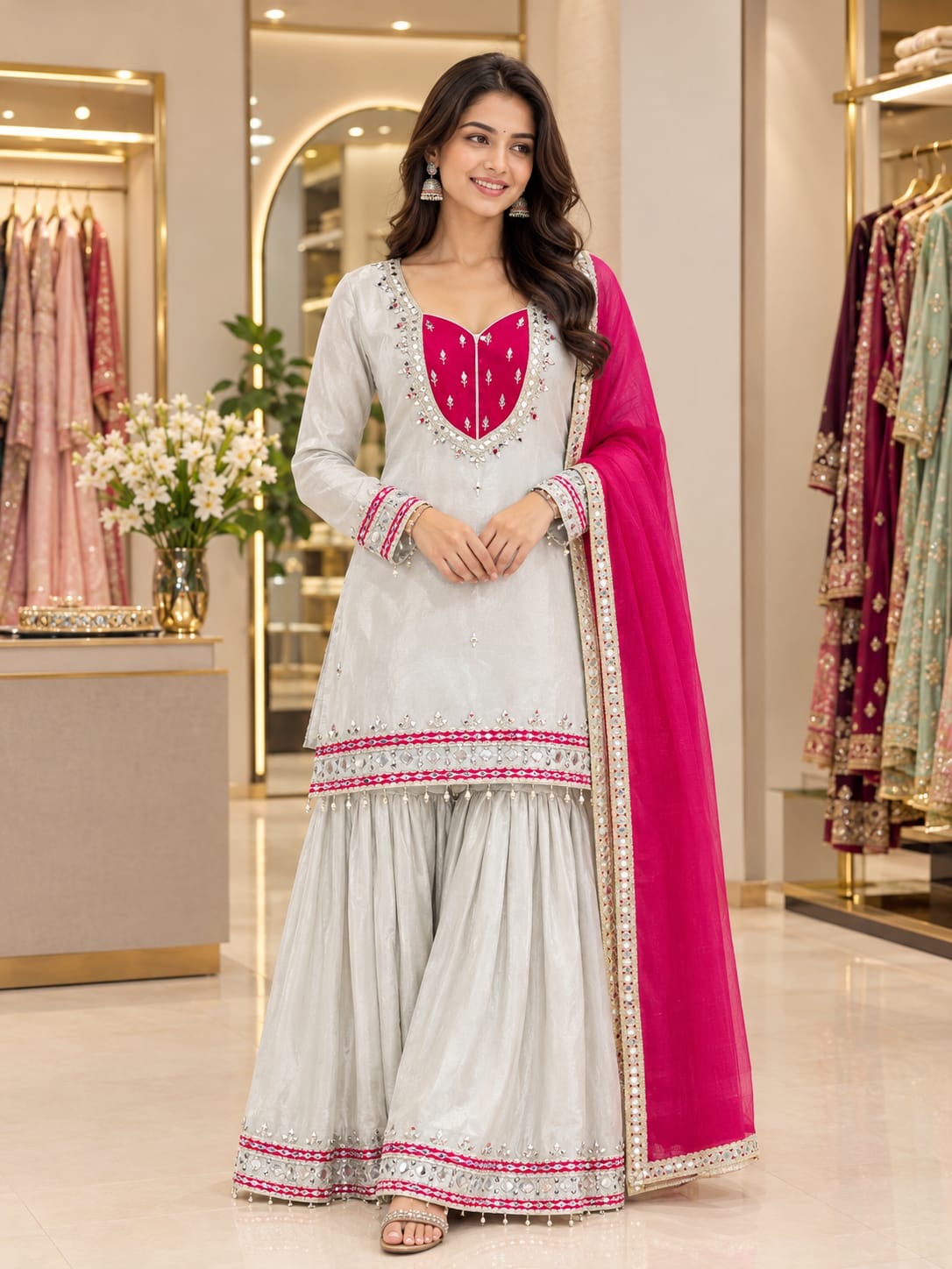 VEYONAS Fashion 3-Piece Ready-to-Wear Party Wear Ensemble (Mirror Work Top, Palazzo & Kota Checks Dupatta)
