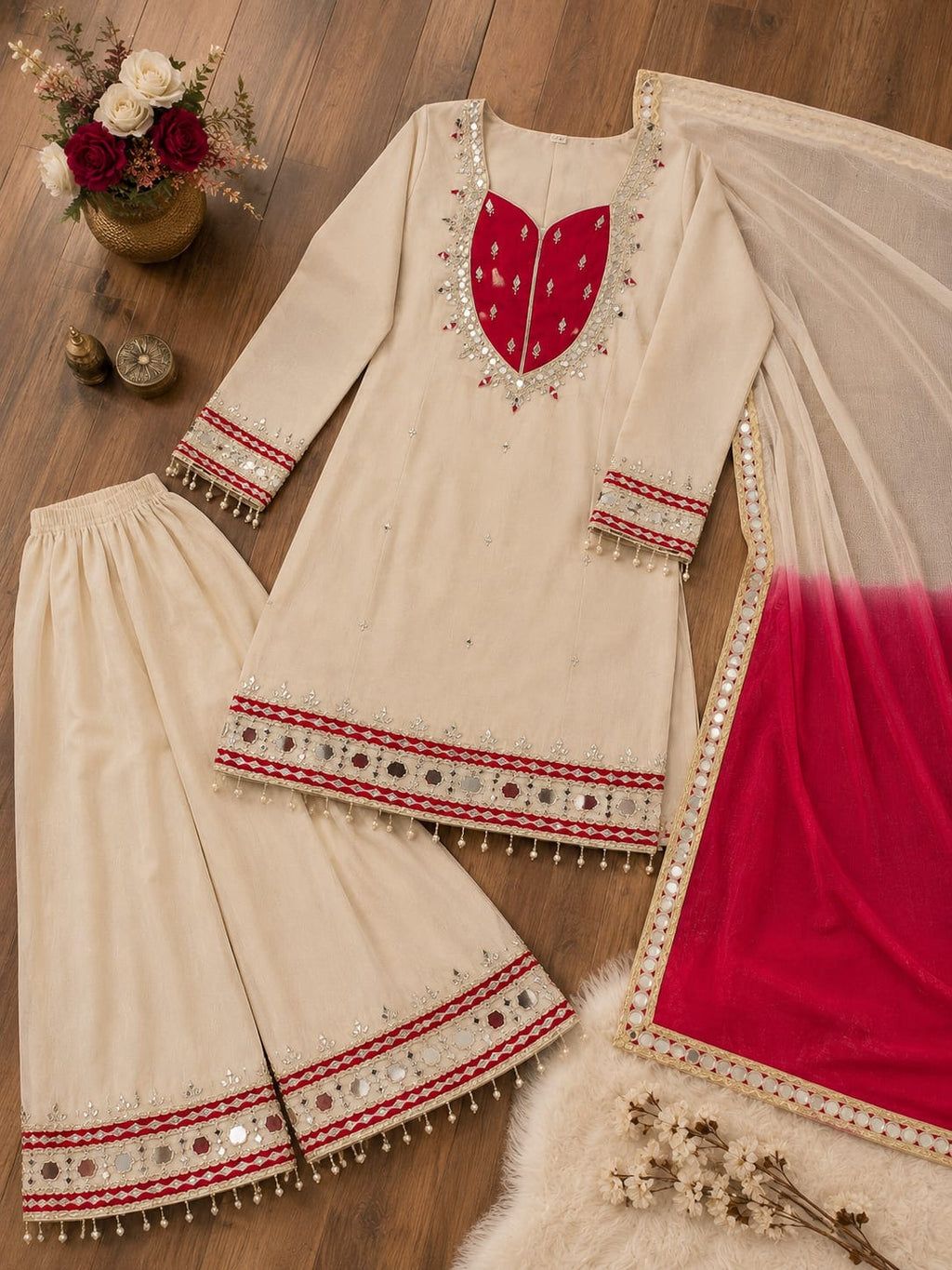 VEYONAS Fashion 3-Piece Ready-to-Wear Party Wear Ensemble (Mirror Work Top, Palazzo & Kota Checks Dupatta)